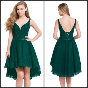 Alyce Paris Emerald Green Beaded Bodice Lace Up Back Hi Low Dress